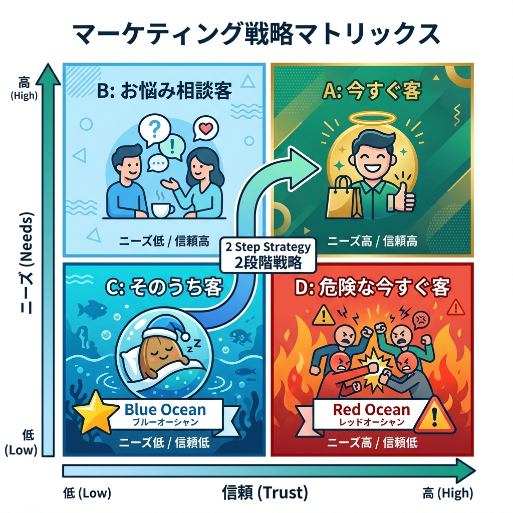 顧客をA・B・C・Dの4象限に分類する顧客マトリクス図