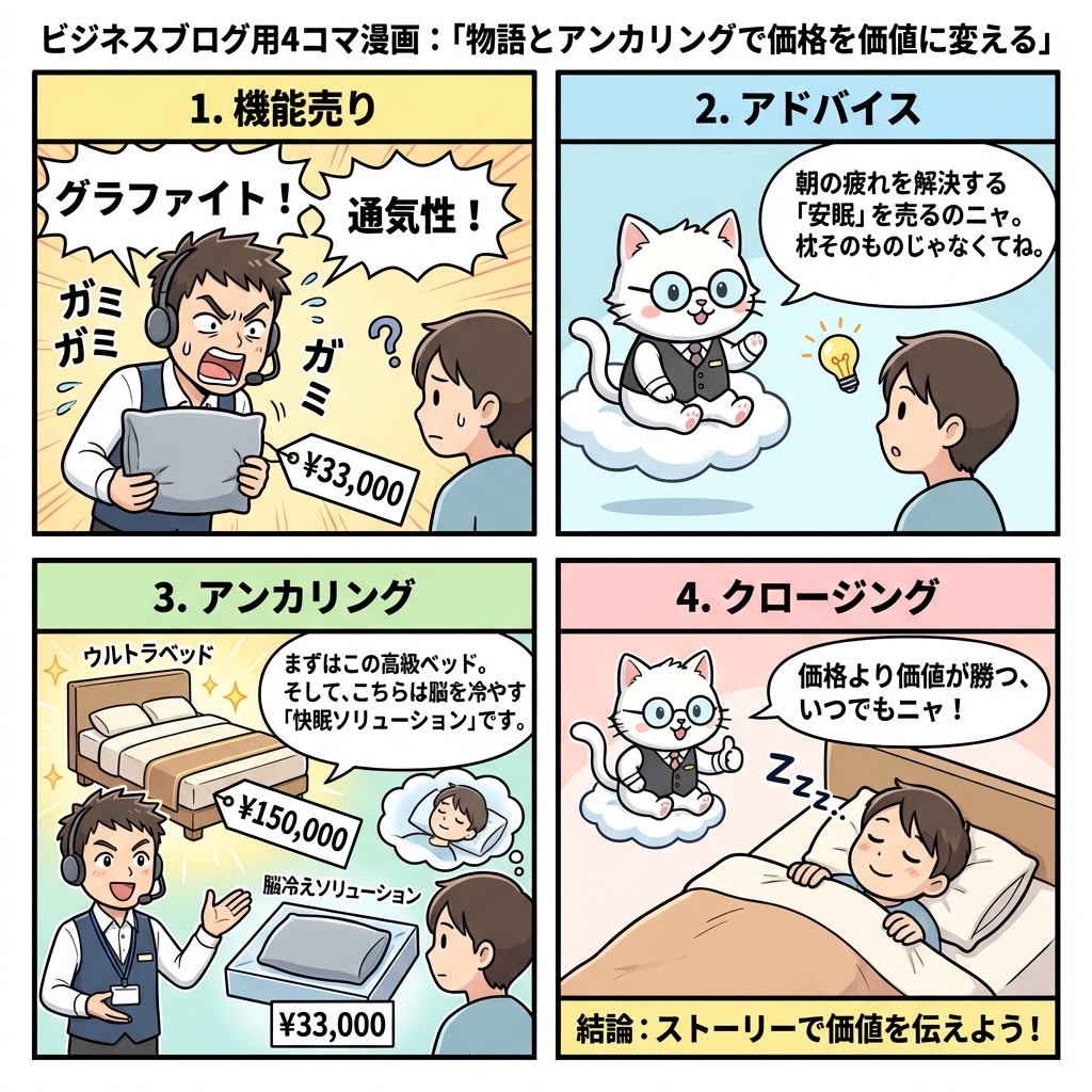 3万3千円の高額な枕が飛ぶように売れた理由を解説した4コマ漫画