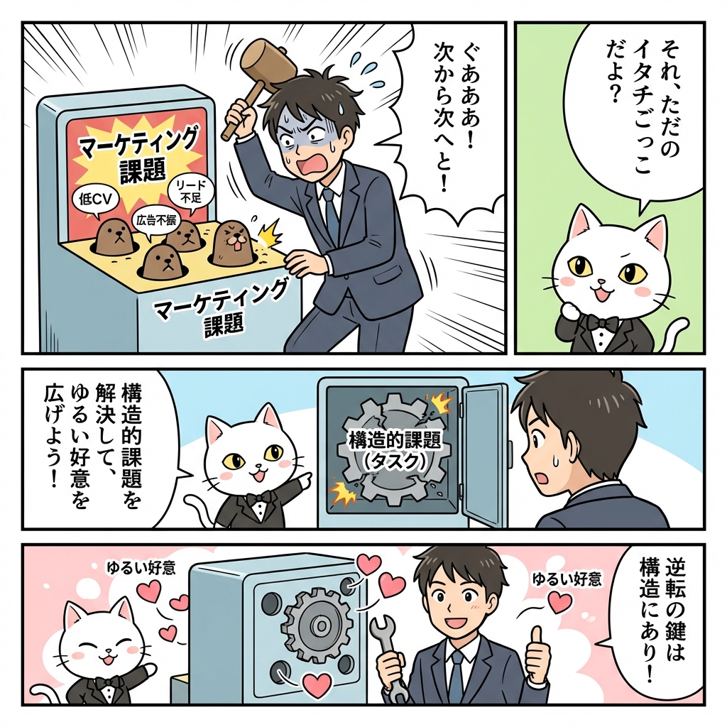 場当たり的な対策を繰り返す「もぐら叩きマーケティング」を描いた4コマ漫画